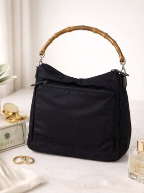 GUCCI VINTAGE NYLON SHOULDER BAG WITH BAMBOO HANDLE